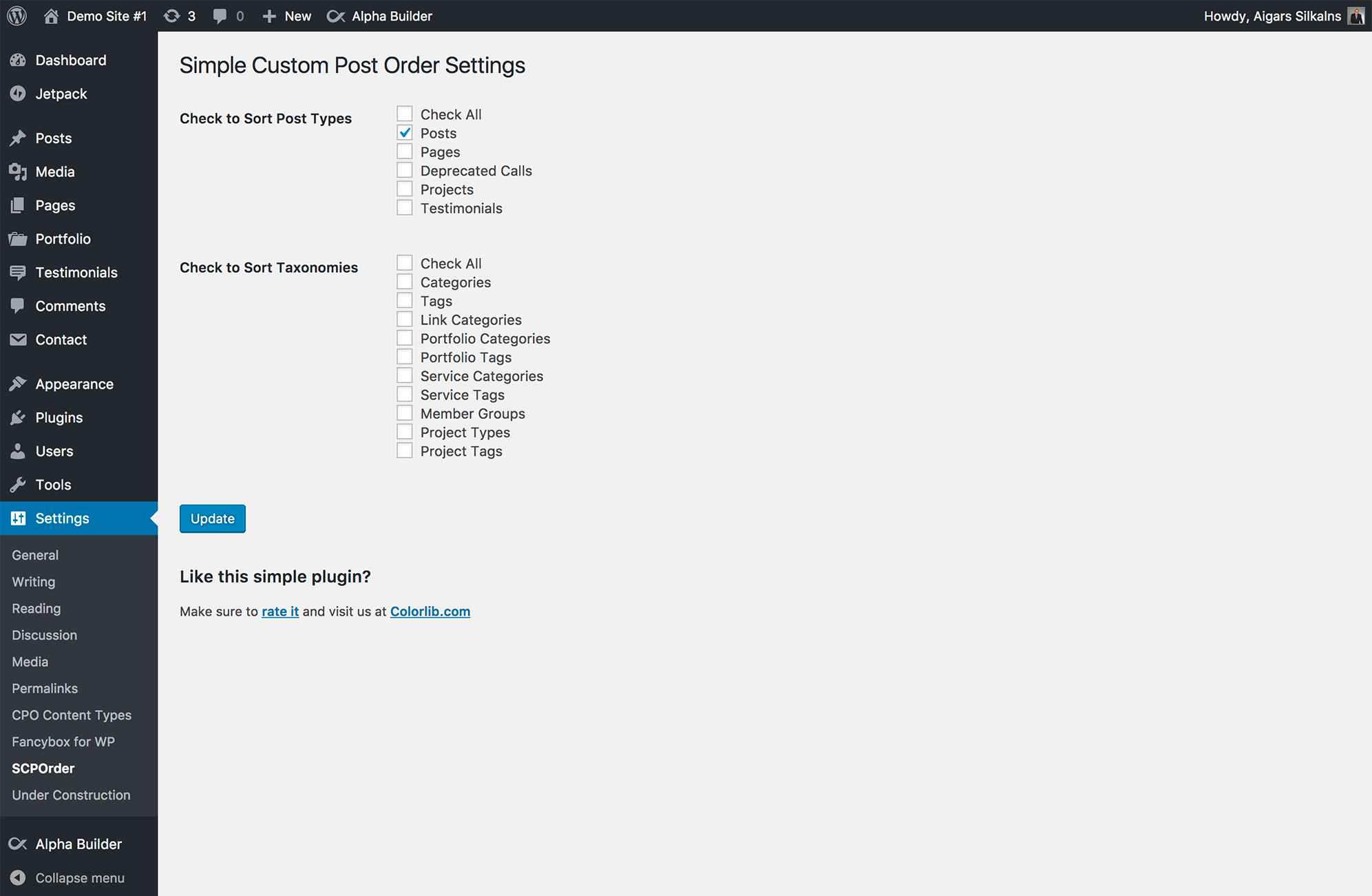 Plugin settings page - select post types and taxonomies to enable