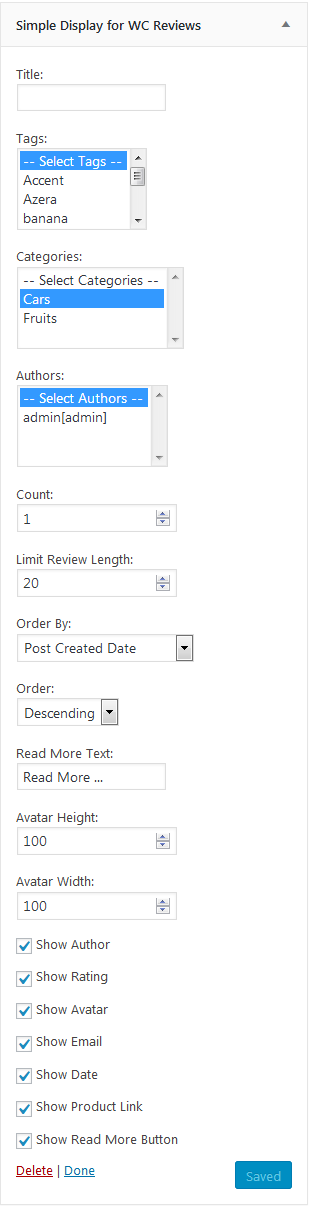 Settings of the widget in admin panel.
