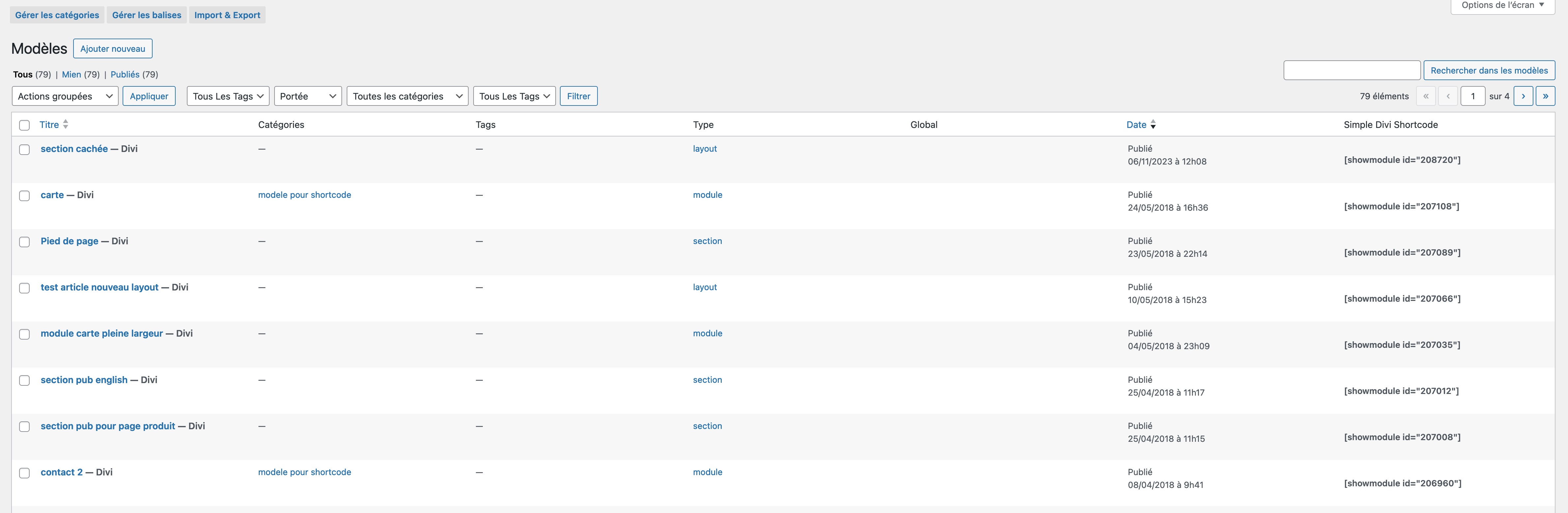 Inside the divi library listing, you will find a new column showing the shortcode
