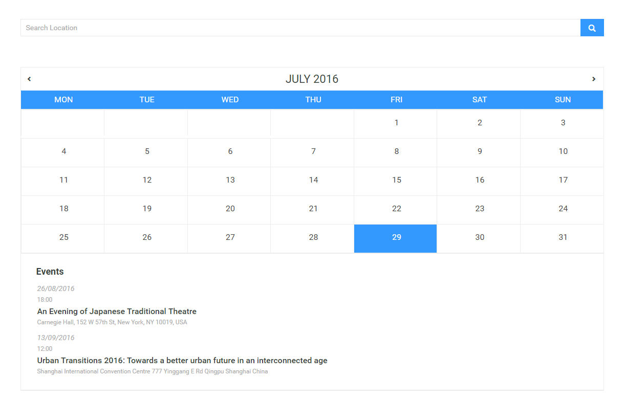 <strong>Event Calendar</strong> - Front-end view of the calendar with upcoming events listing.