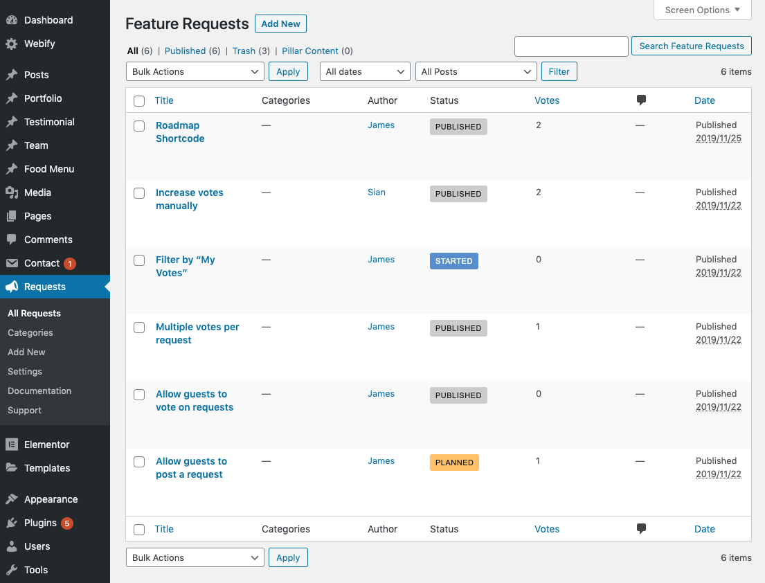 The admin view of feature requests.