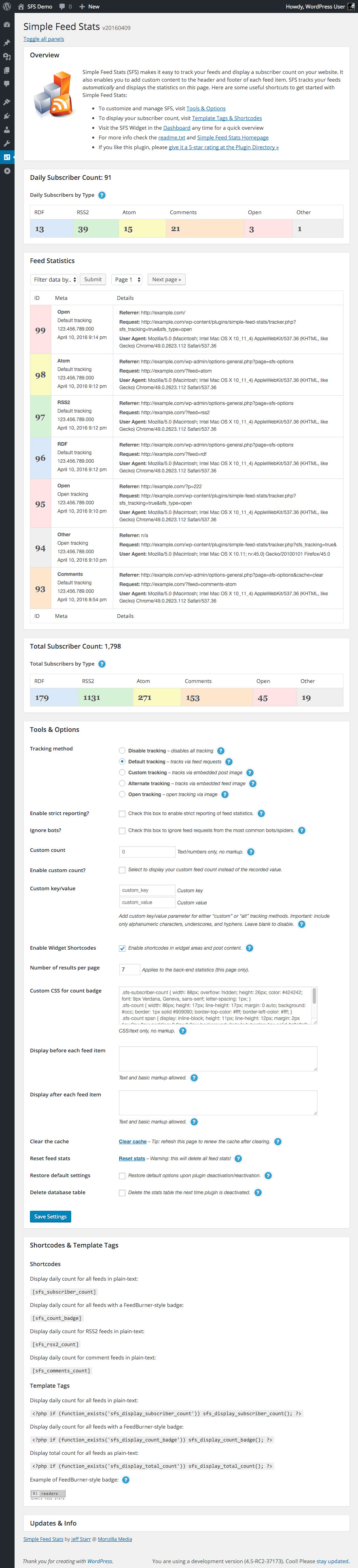 Simple Statistics for Feeds: Full plugin settings page (panels toggle open/closed)