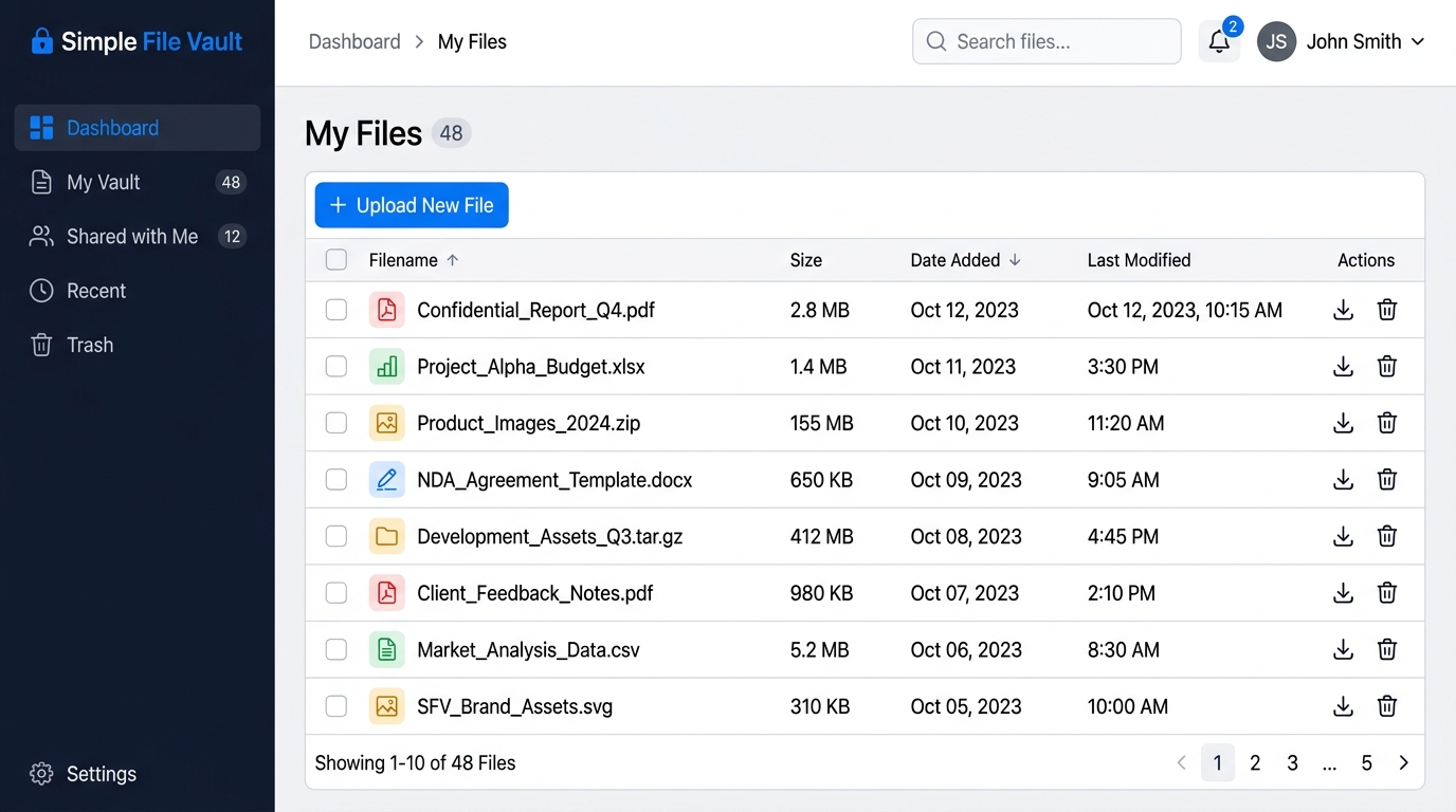 The frontend file vault dashboard and file list view.