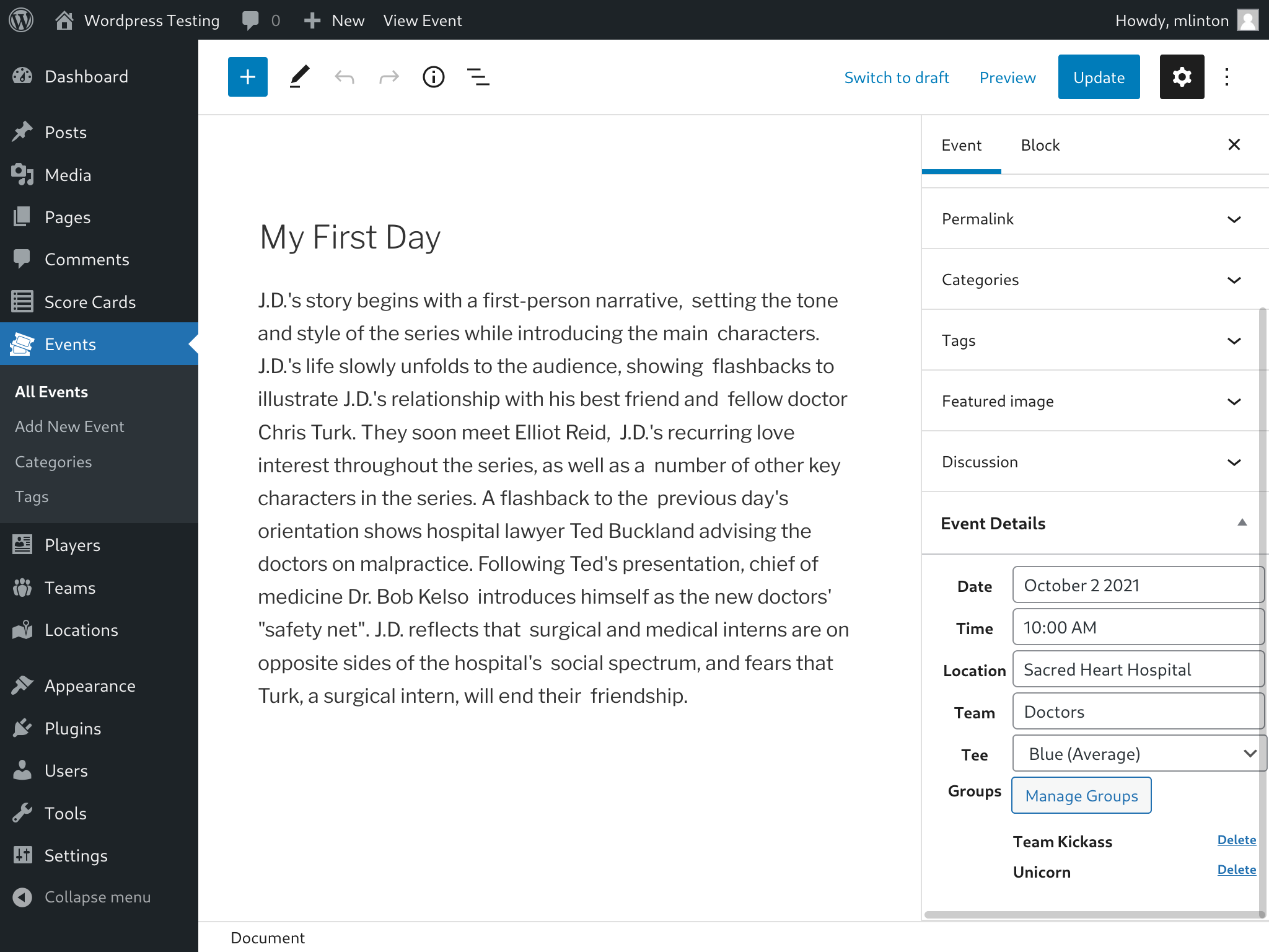 Events: Create events for a team at a specific Location. Divide teams into smaller groups for easier round management.
