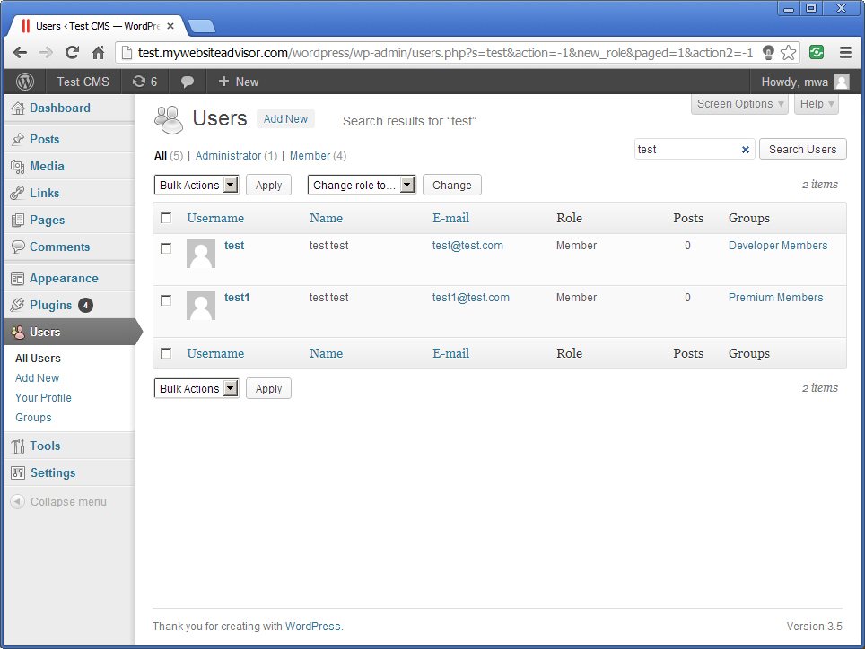 Users page, with new groups column.