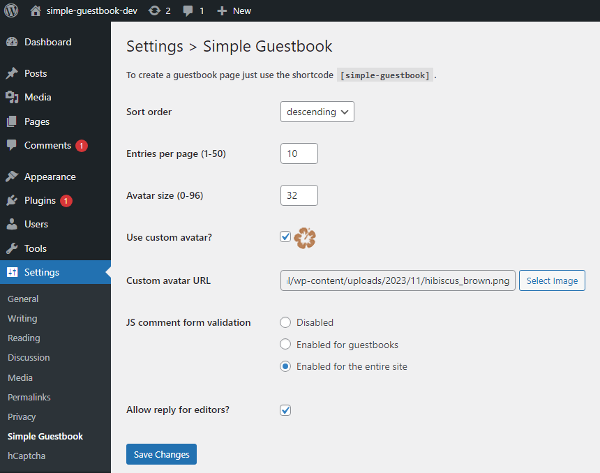 The admin page of Simple Guestbook