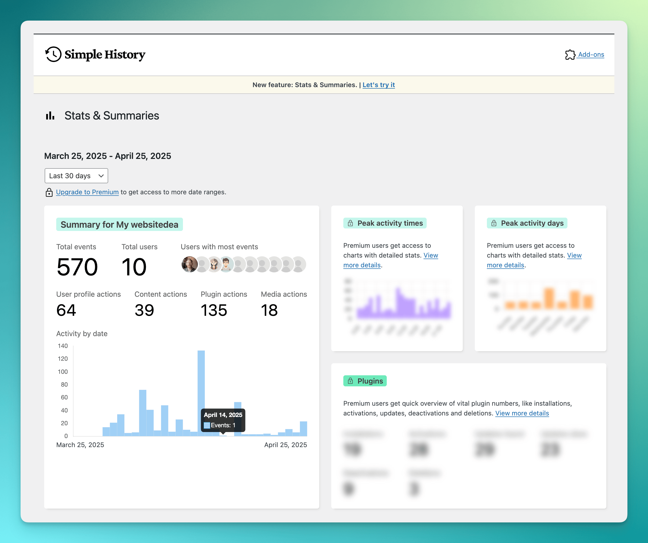 <p>Stats and summaries page that gives you a quick overview summary of your site's activity.</p>