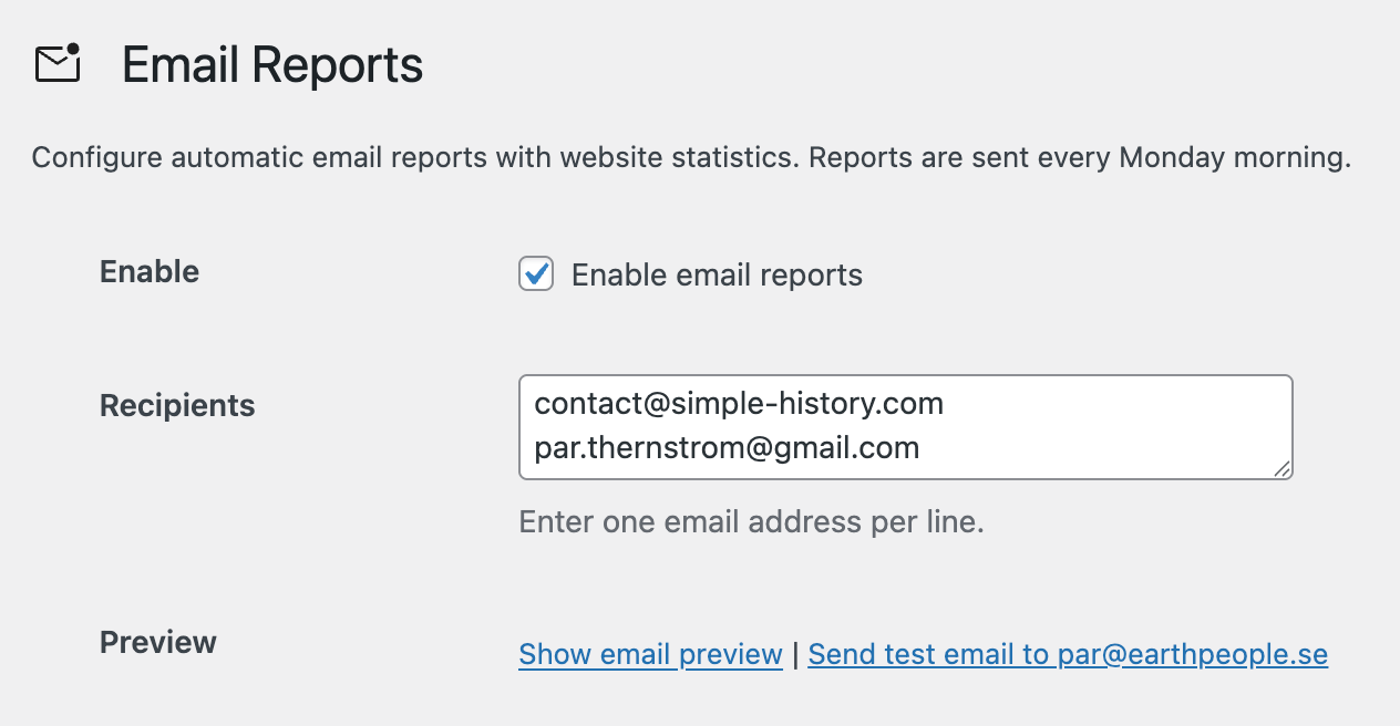 <p>Email reports: Get a weekly summary of your site's activity delivered straight to your inbox. Enable and configure this feature in the plugin settings.</p>
