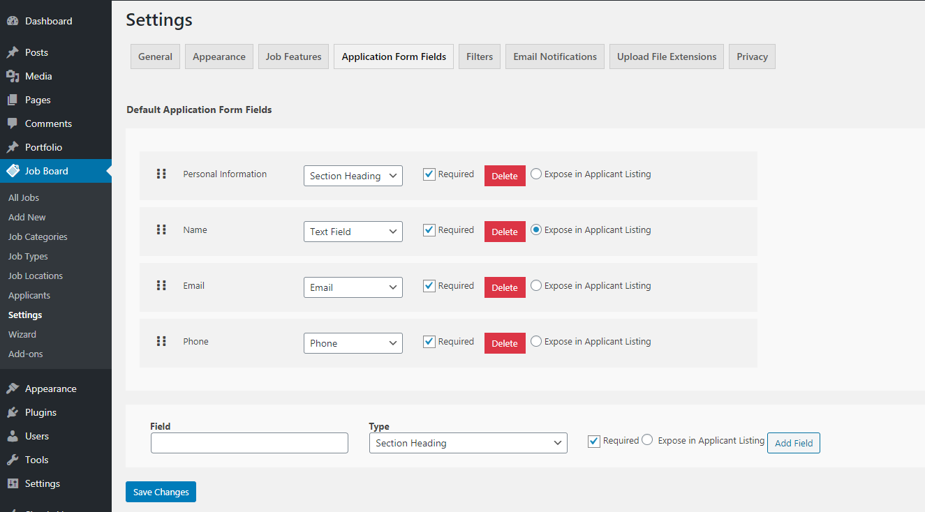 <strong>Application Form Fields</strong> - This will help in creating customized job form.