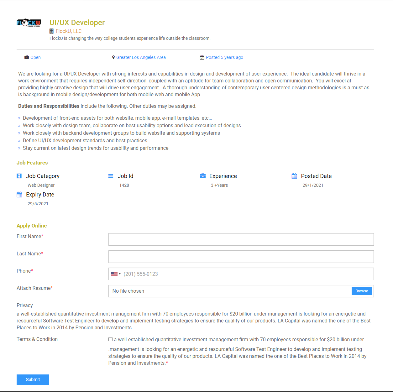 <strong>Modern Job details page</strong> - Modified layout of Job board detail/single page. Icon based job features are placed on it.