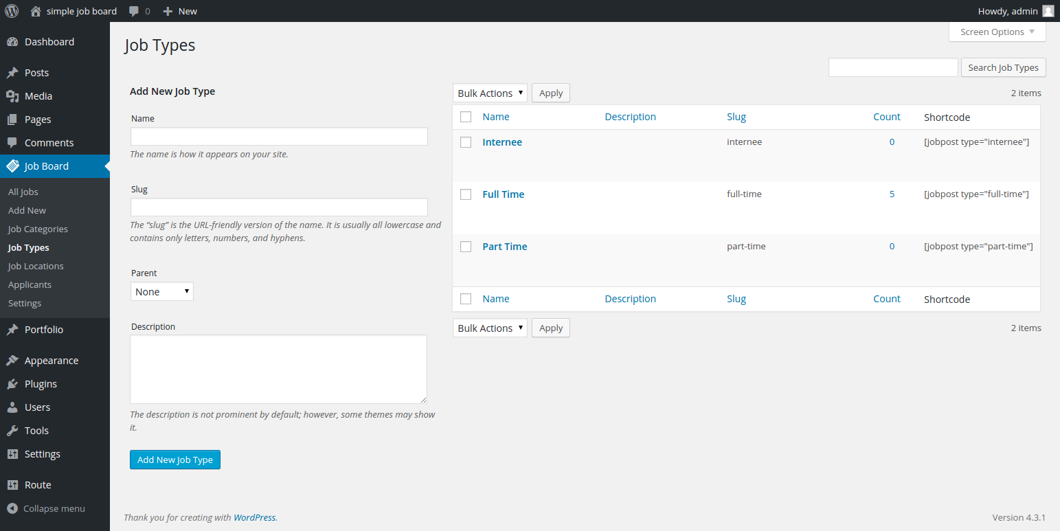 <strong>Job Type</strong> - This allows users to specify the type of jobs you offer to them.