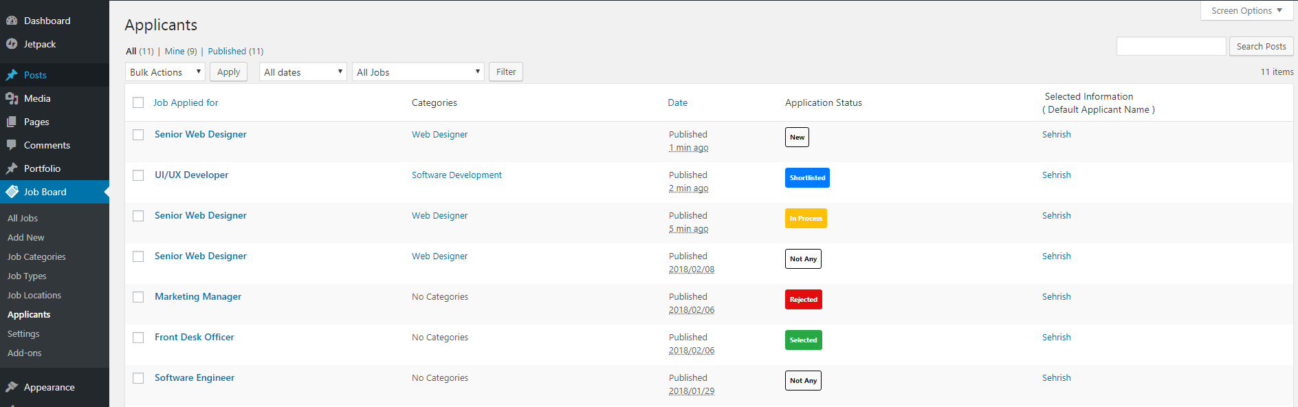 <strong>List of Applicants</strong> - You can get all the applicants applied for jobs over here, by clicking each of applicant you can get further details and download the resume.