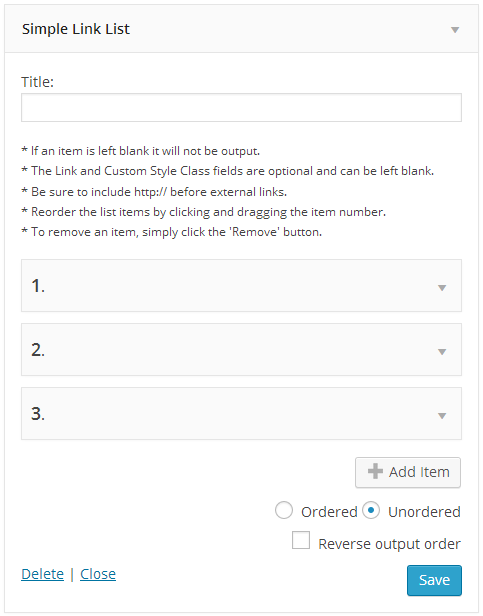 Widget editing interface with closed items.
