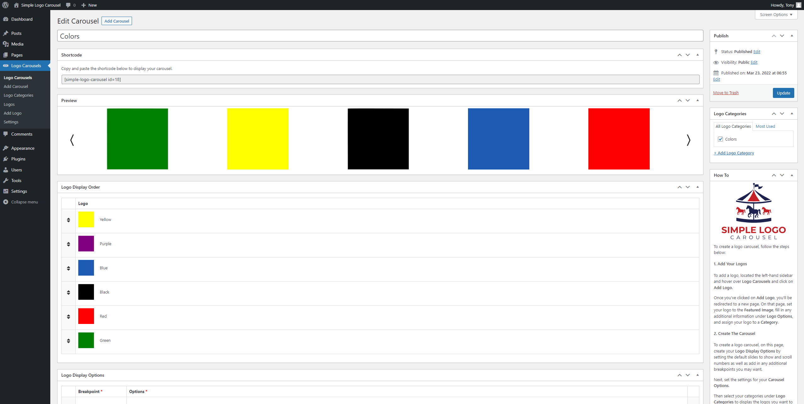 View of the carousel's shortcode and logo display order.