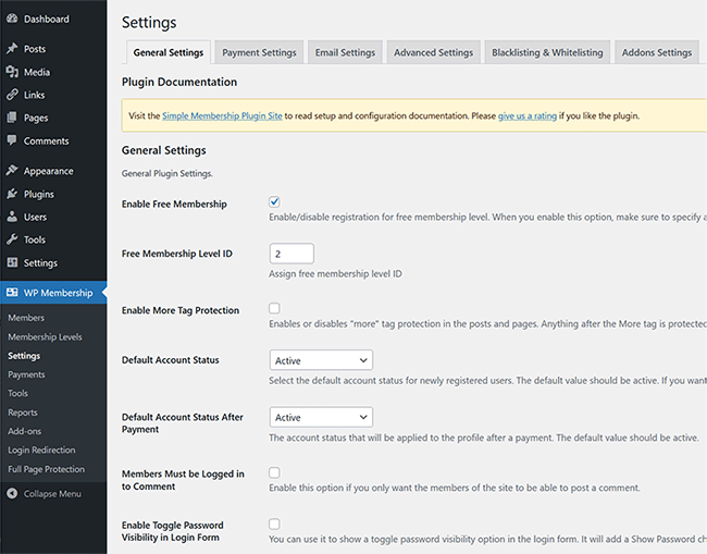 Example of the settings menu.
