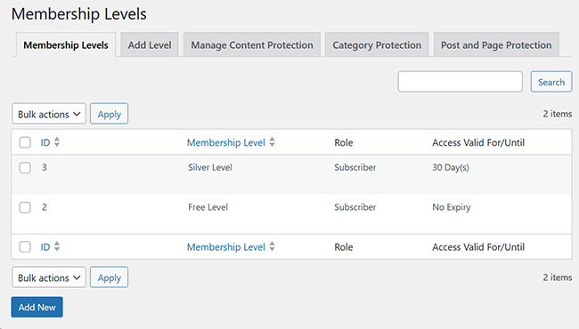 Example of membership level management.