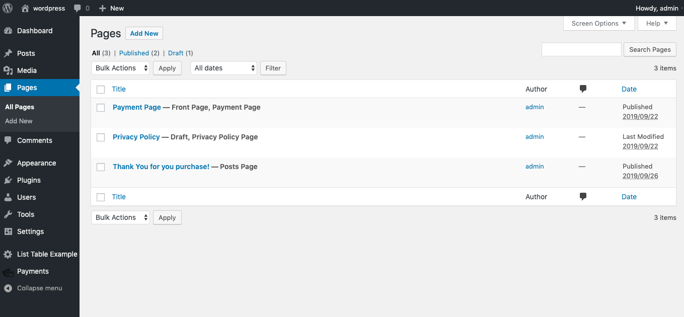 Create Payment Page; use Admin -> Settings -> Reading to define which is your Payment Page.