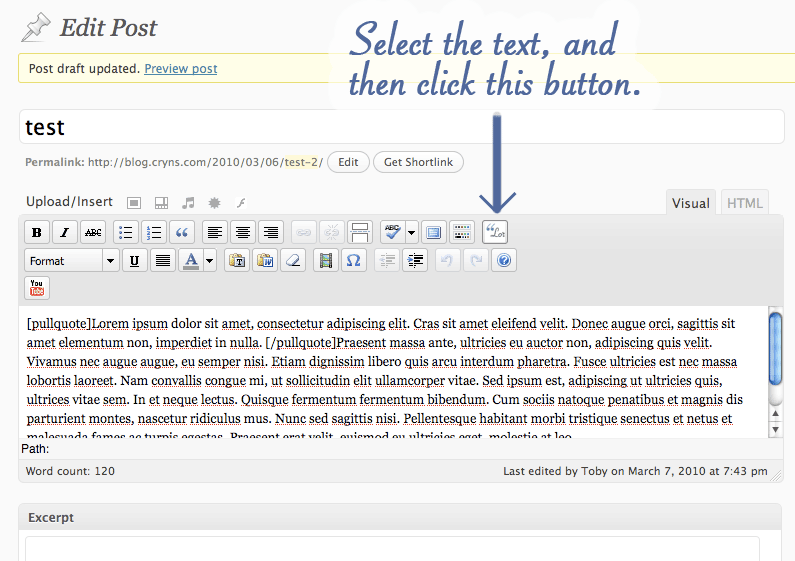 Add pullquotes via the WordPress TinyMCE editor.