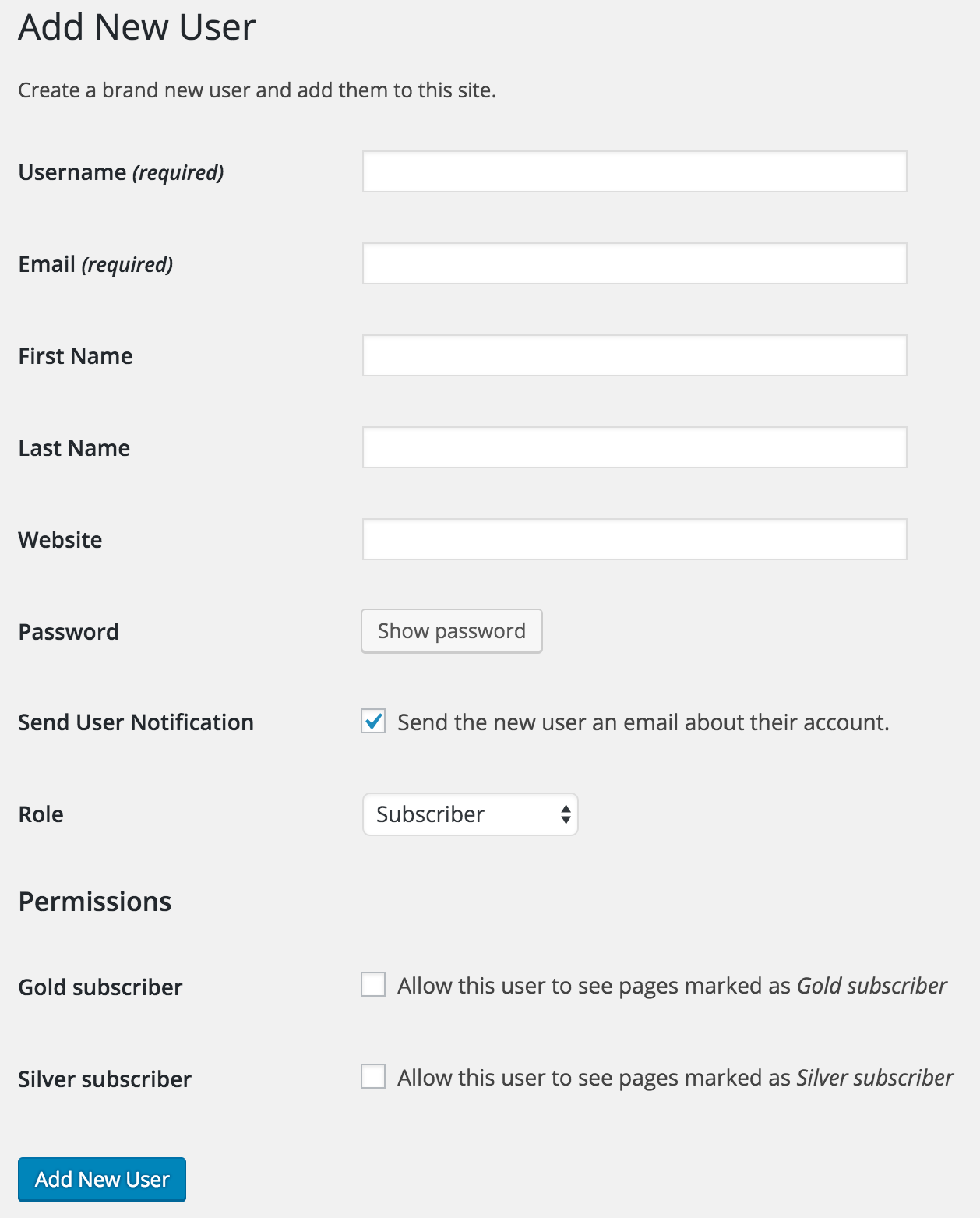 Permissions assigned on the New User screen (and permissions can be edited for existing users)