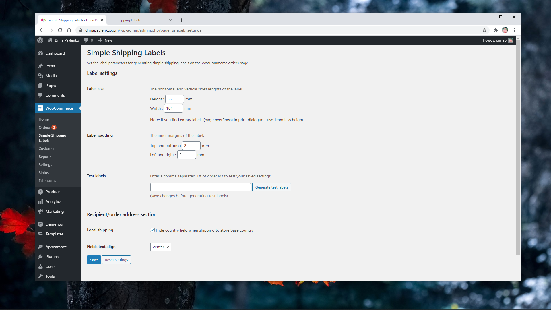 Plugin and label settings page