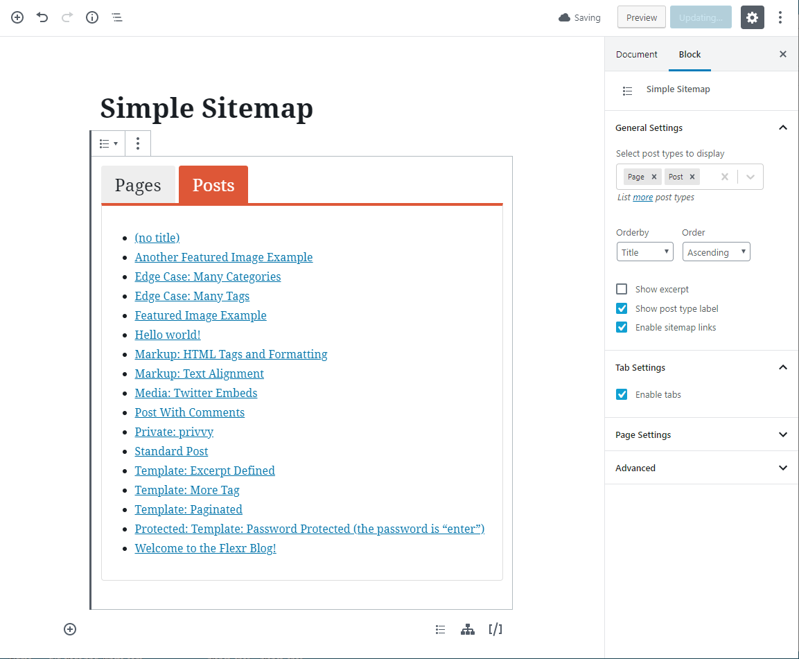 Switch to a tabbed sitemap from the same block settings.
