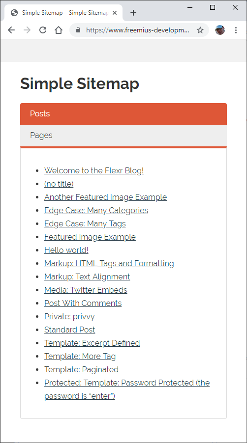 Responsive sitemap tabs adapt to narrow screens.