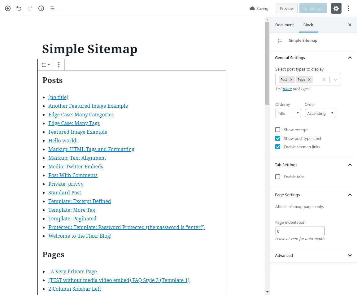 Standard sitemap in the editor. Configuration options to the right in the inspector panel.