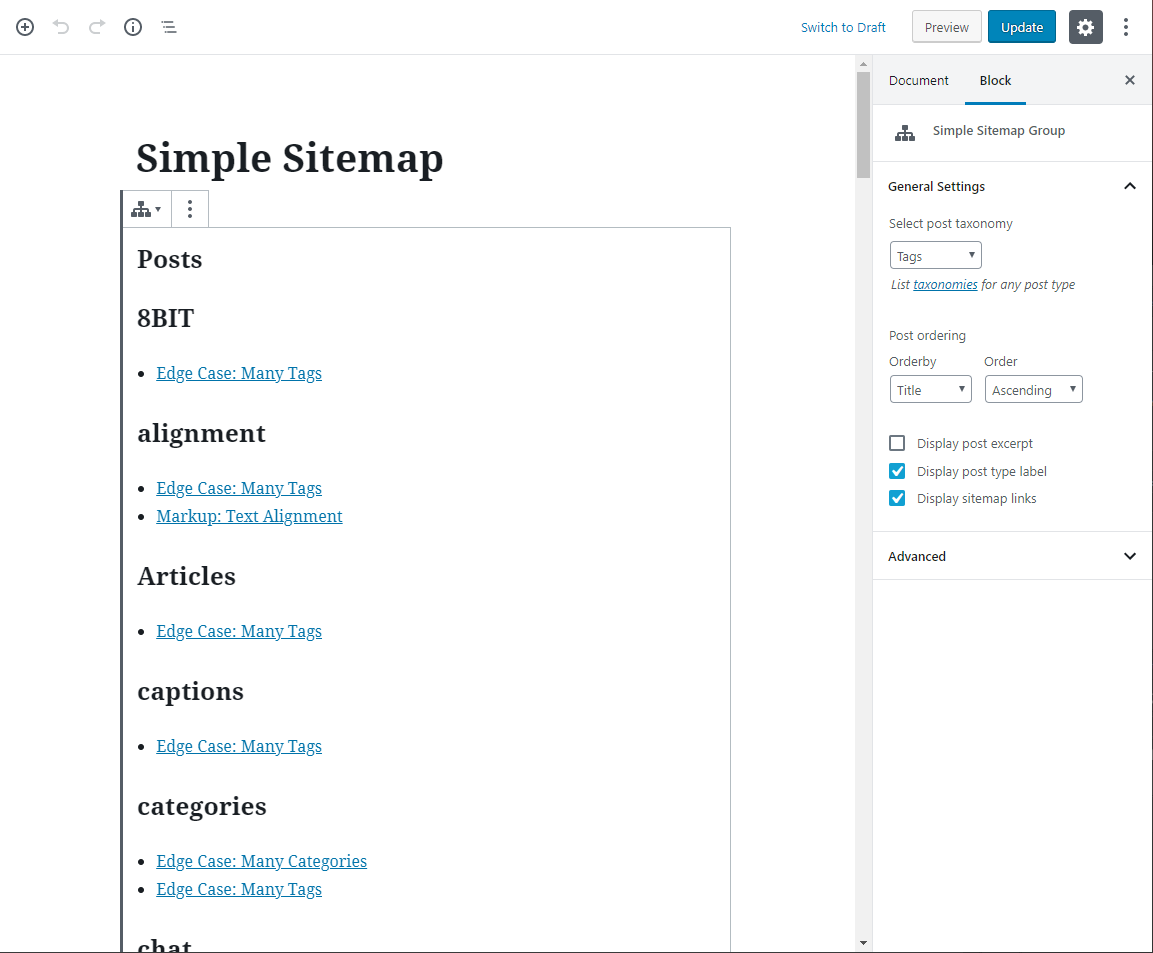 Group posts by a category, tag, or another available taxonomy.