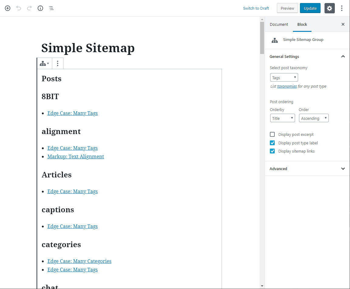 Display list of posts sorted by categories or tags.