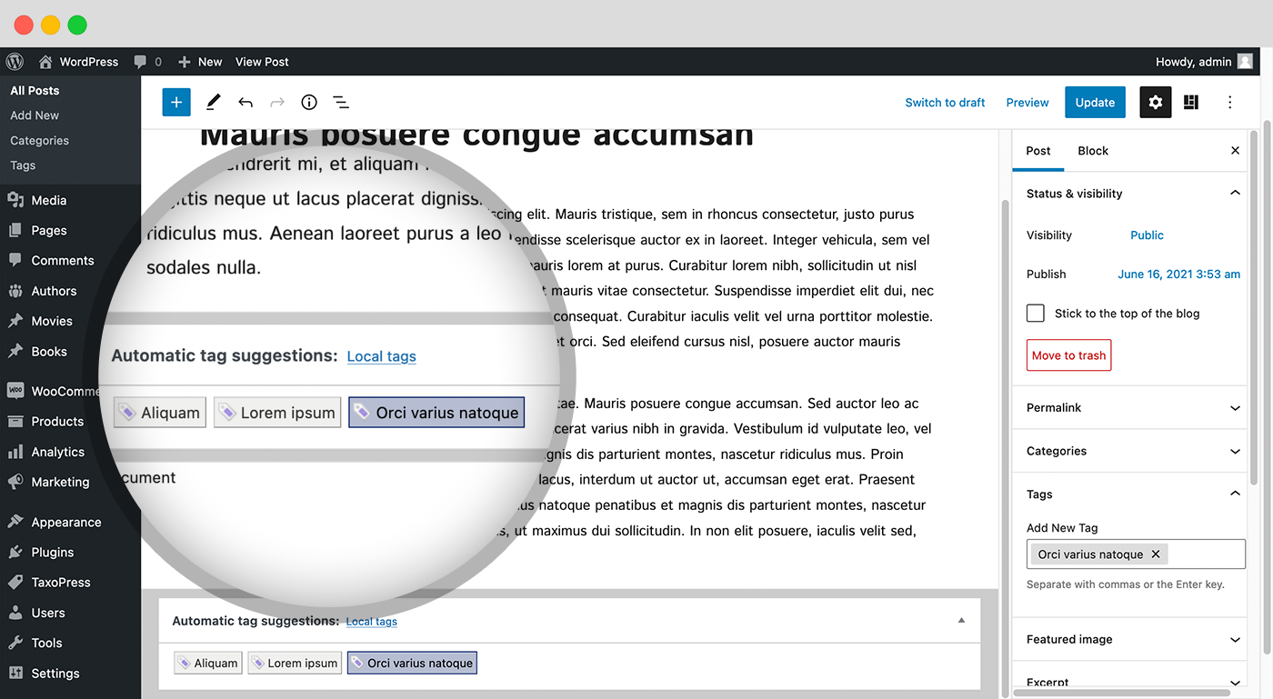 TaxoPress can use the Dandelion API and OpenCalais APIs to analyze your WordPress content and suggest terms that you can add to your post.