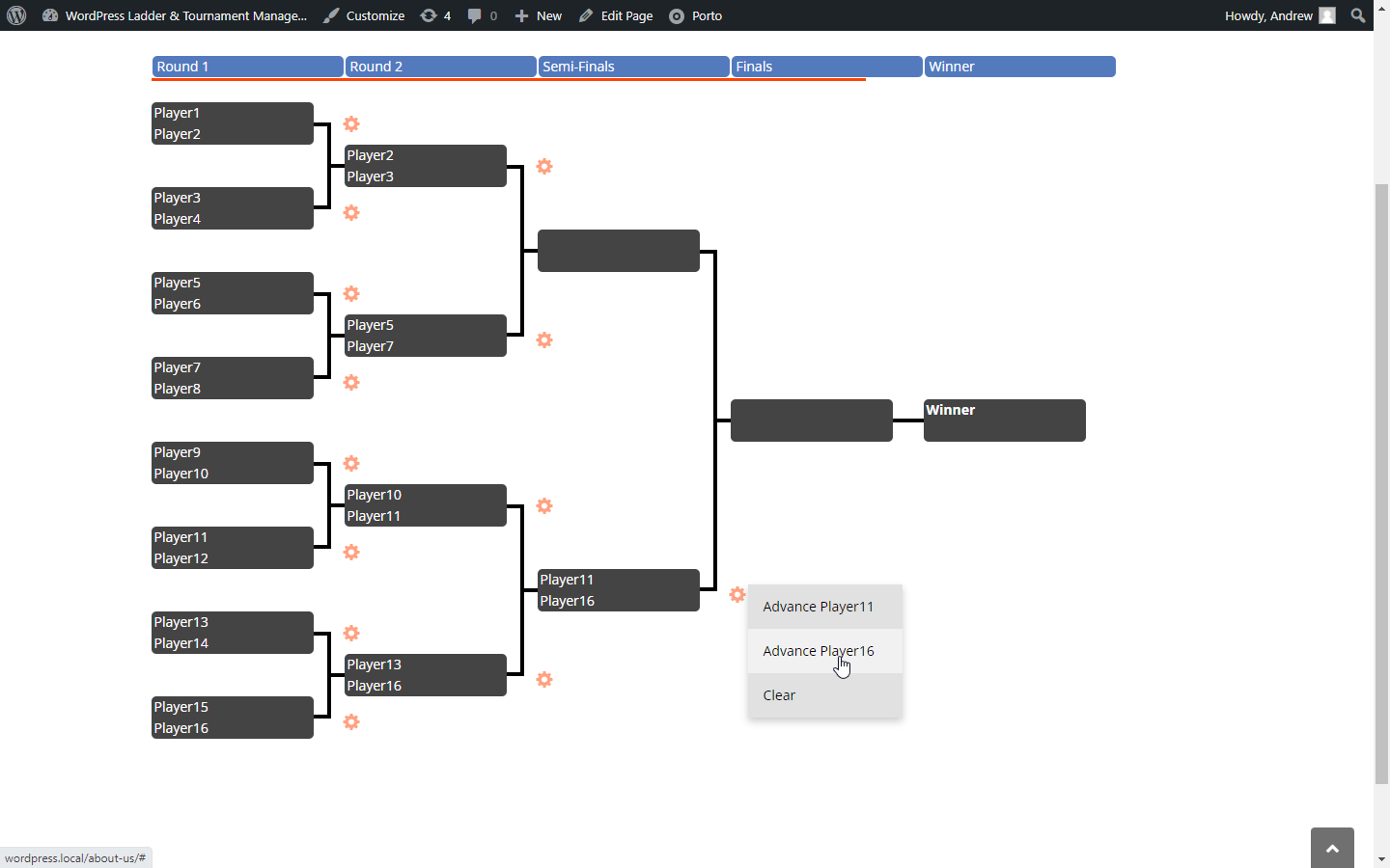 Advance competitors through the brackets by viewing the brackets while authenticated as an admin. Hover the cursor over the gear icon to see the match dropdown menu.