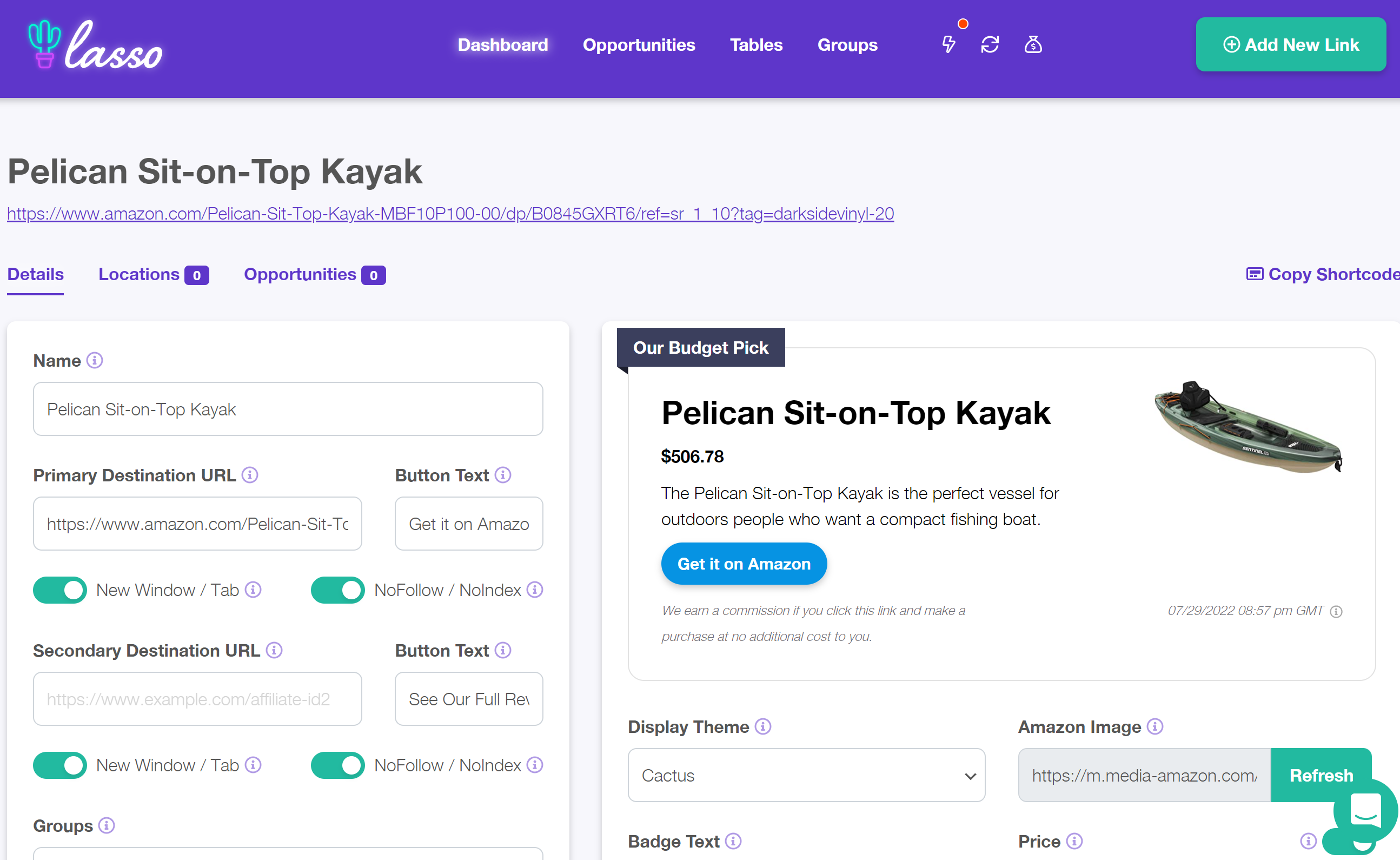 Edit a link and preview the product display before you publish, so you know what readers will see.