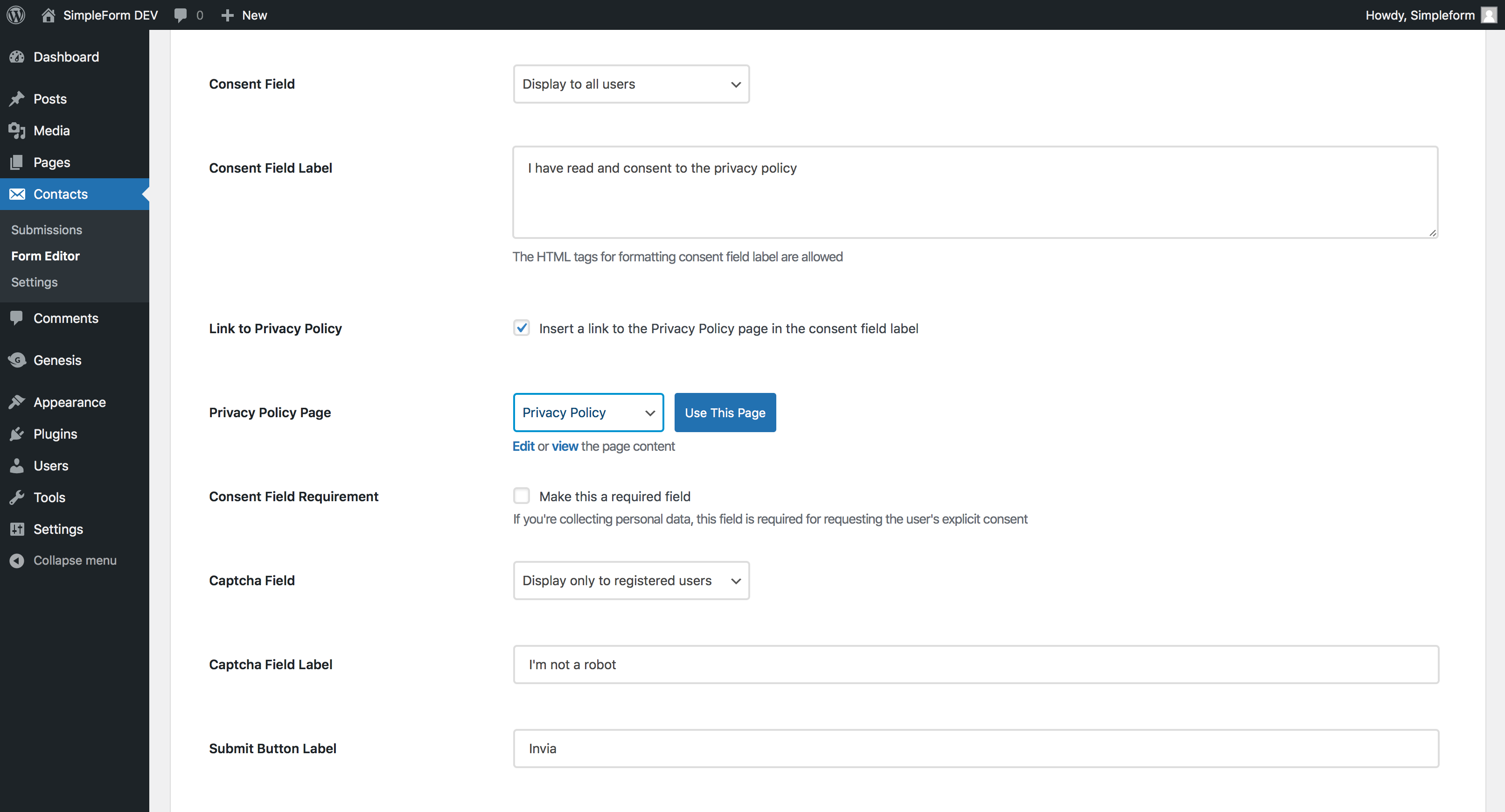 Consent field for GDPR compliance