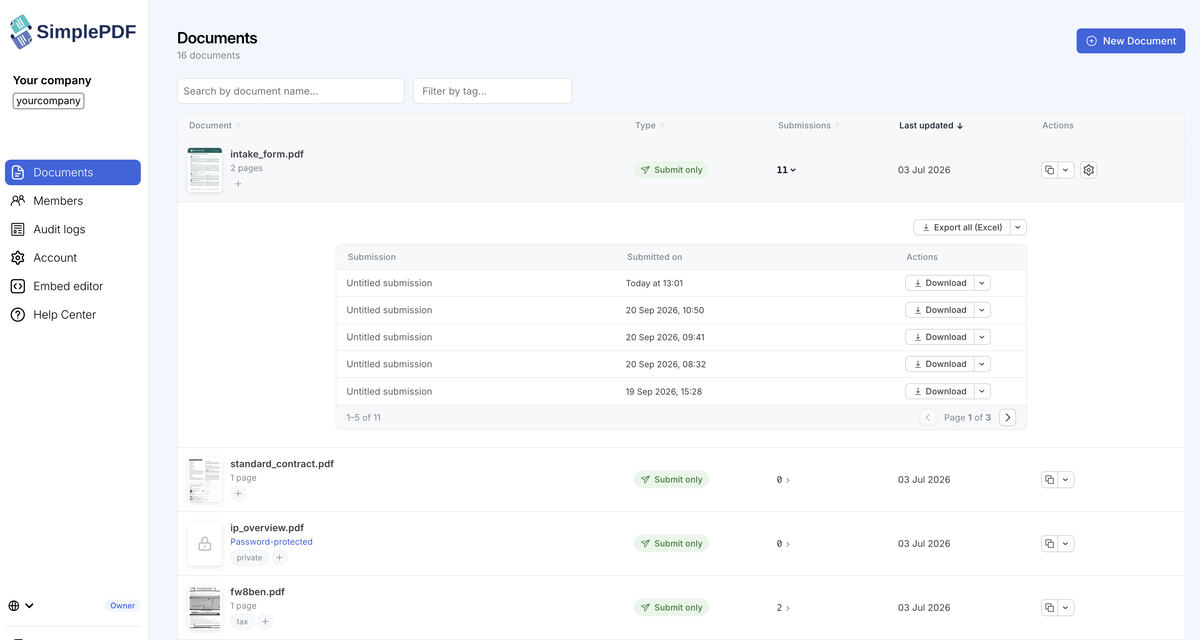 Filled PDFs land in your SimplePDF dashboard
