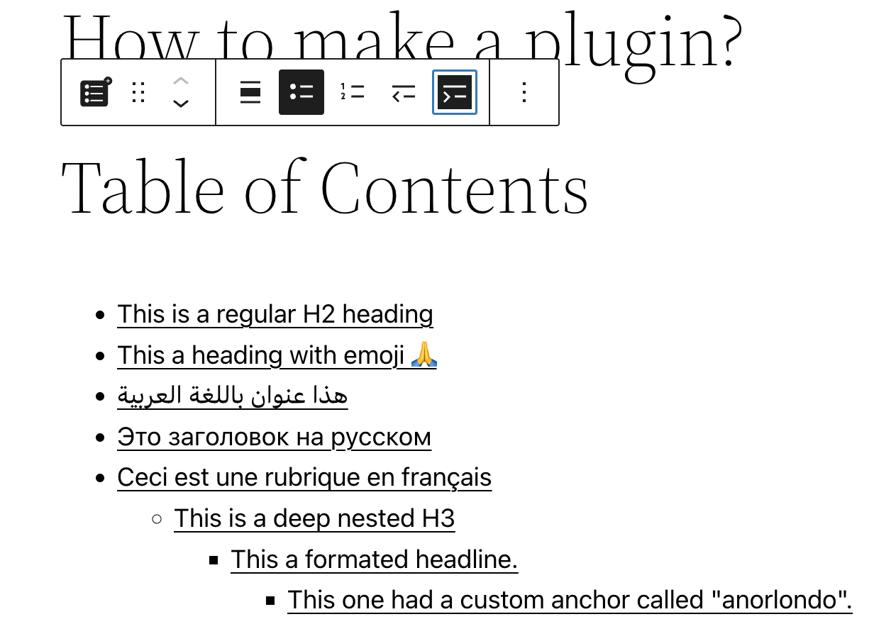 Bloco do SimpleTOC no editor do Gutenberg.