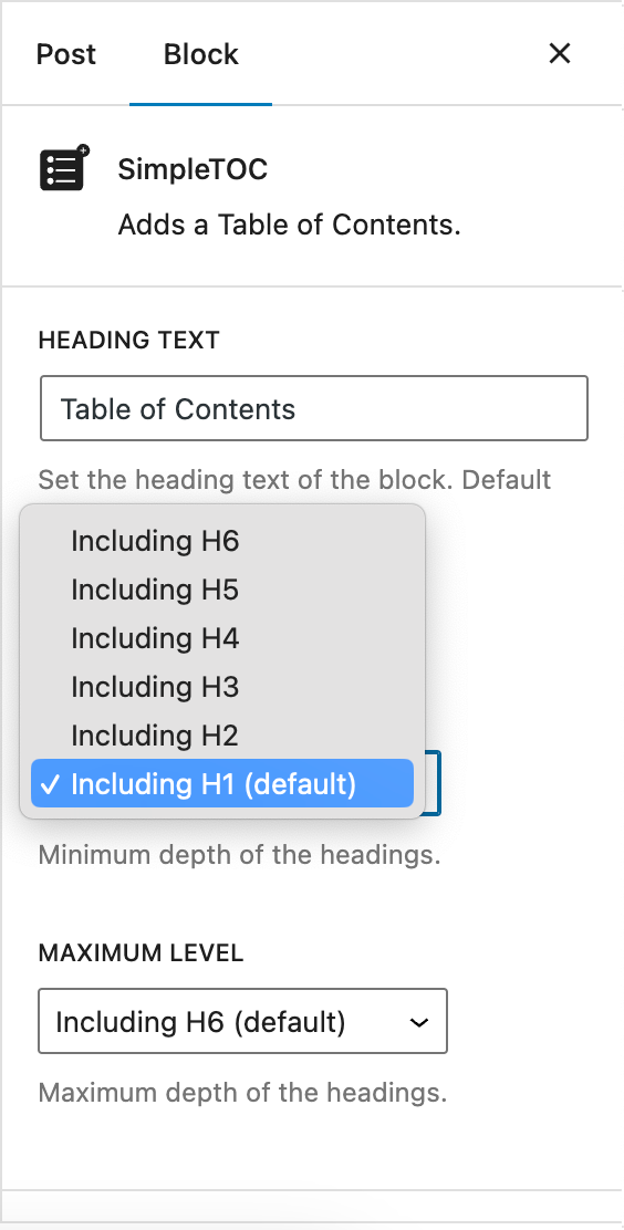 Control the maximum depth of the headings.