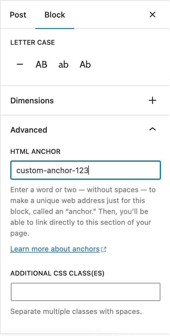 Gutenberg Heading block: Set a custom anchor