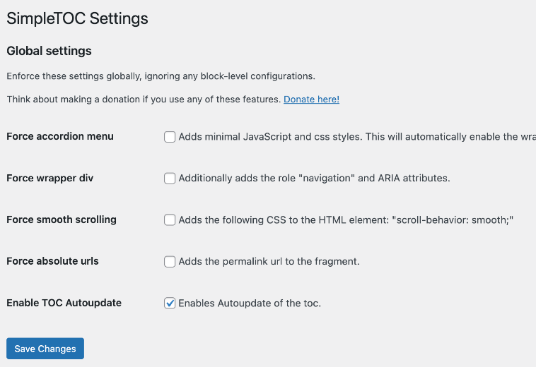 SimpleTOC global settings.