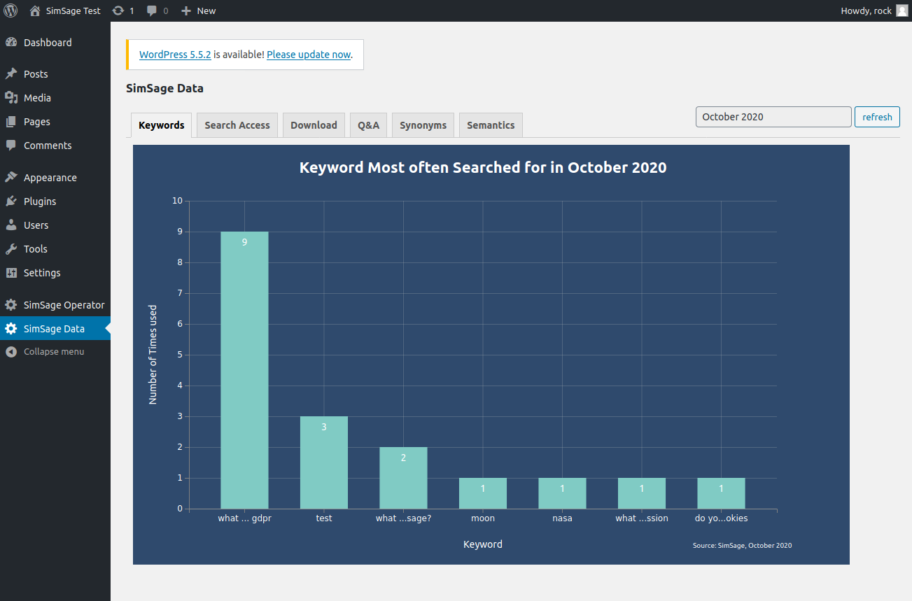 SimSage data view, viewing keyword search/ask frequencies.