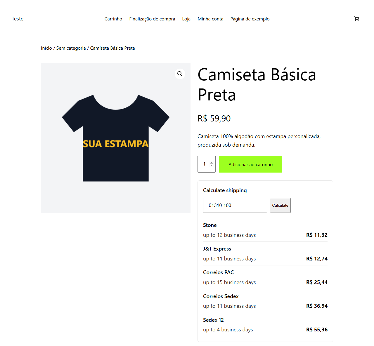 Shipping simulator on the product page.