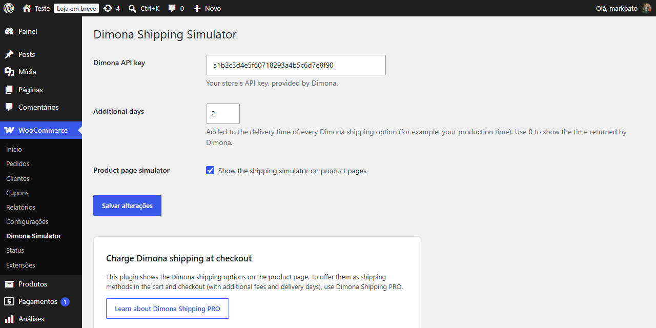 Settings page (WooCommerce → Dimona Simulator).