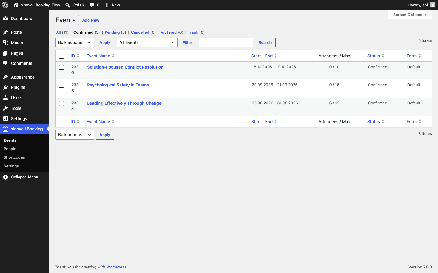 Manage all your events with status, capacity and bookings at a glance.