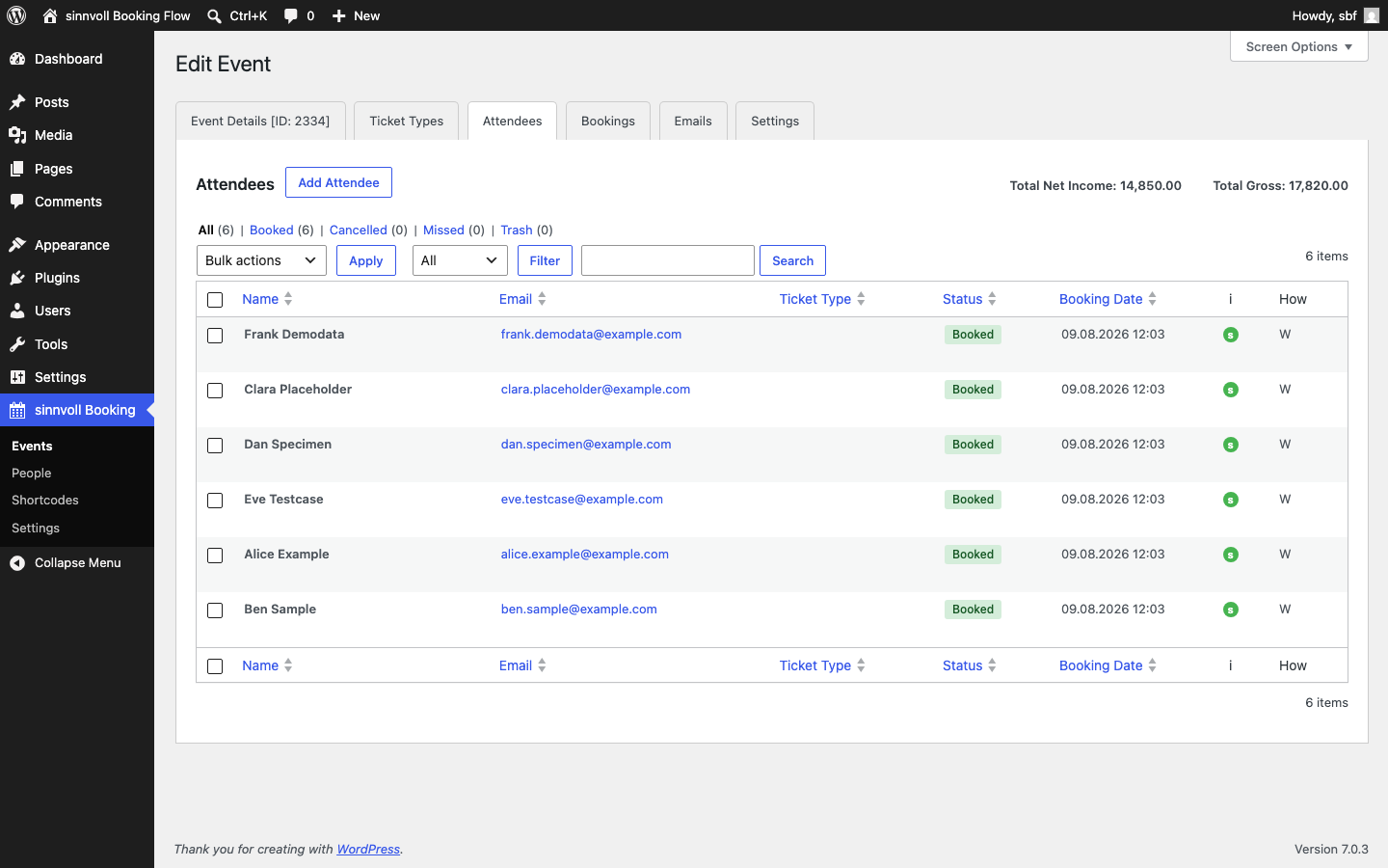 The attendee list of an event — who booked what, with CSV export.