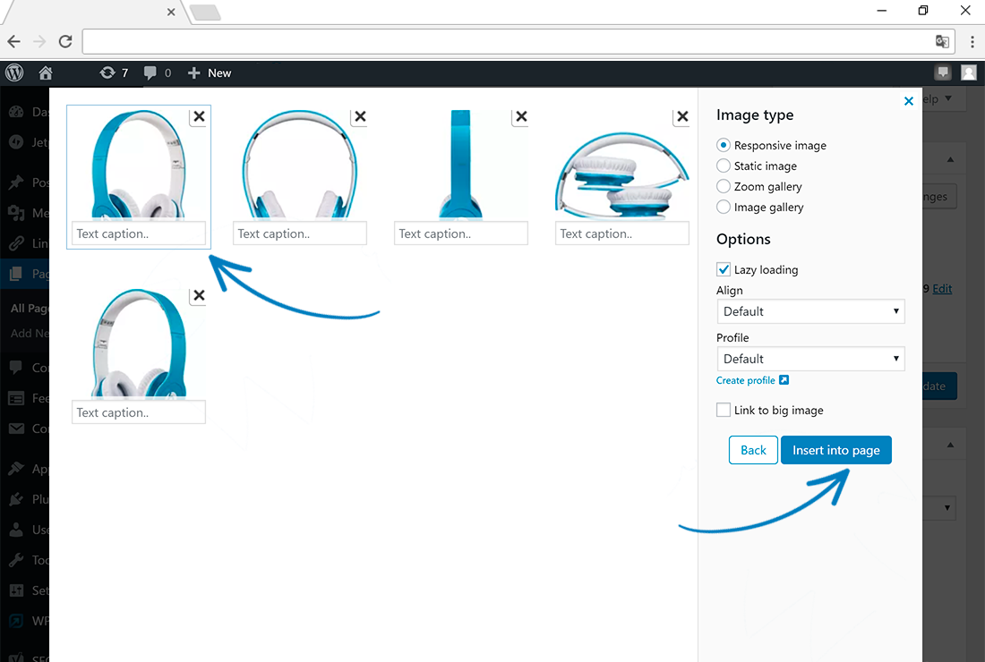 Choose how the image(s) should be displayed (static images, responsive images, 360 spin, image zoom or image gallery).