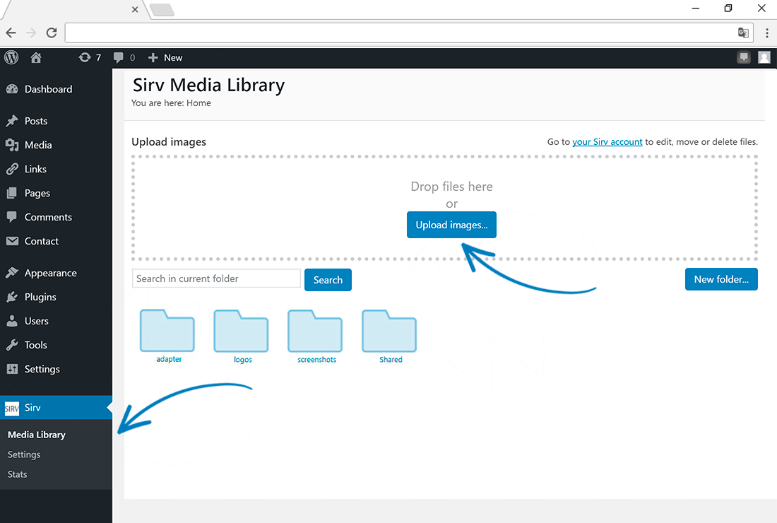 To upload images to your Sirv library, go to the Media Library page within the Sirv sub-menu (in the left navigation column).