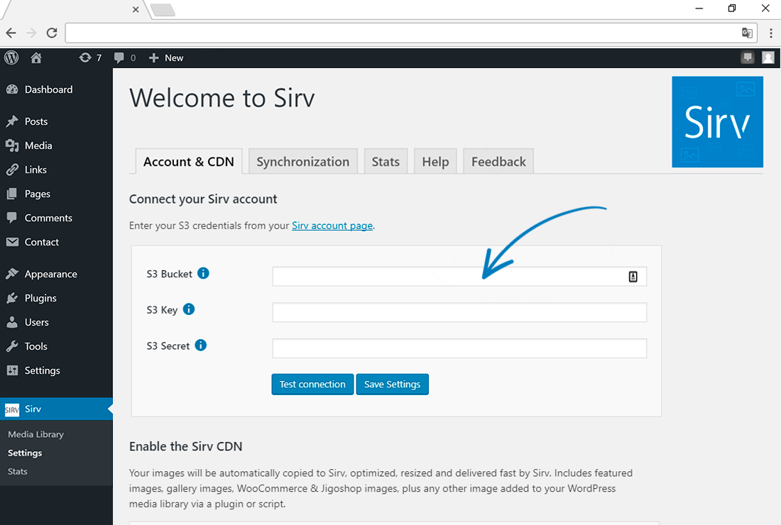 Configure the plugin by pasting the S3 settings from https://my.sirv.com/account.