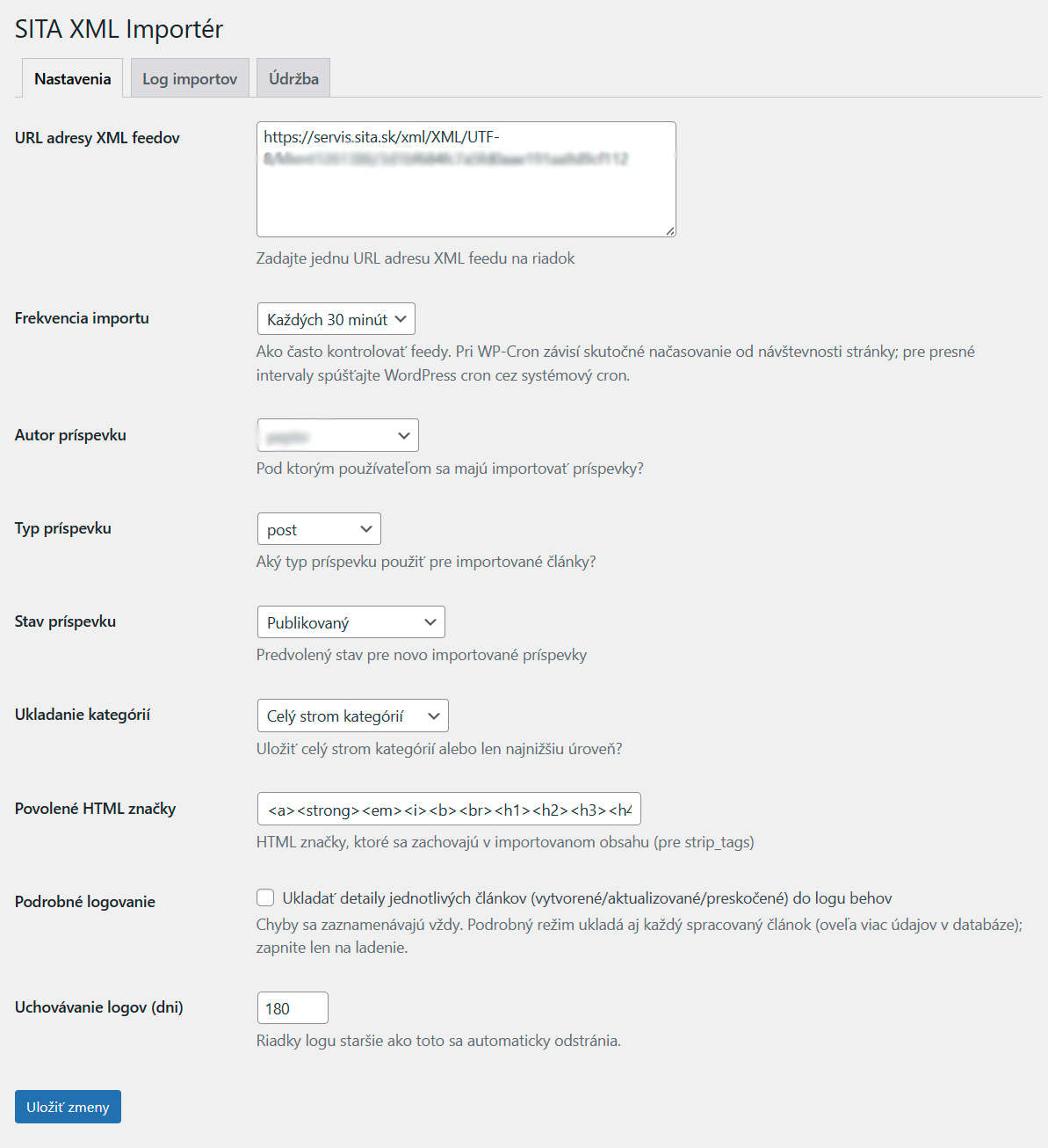 Nastavenia - adresy XML kanálov, frekvencia importu, autor, stav príspevkov a práca s kategóriami.