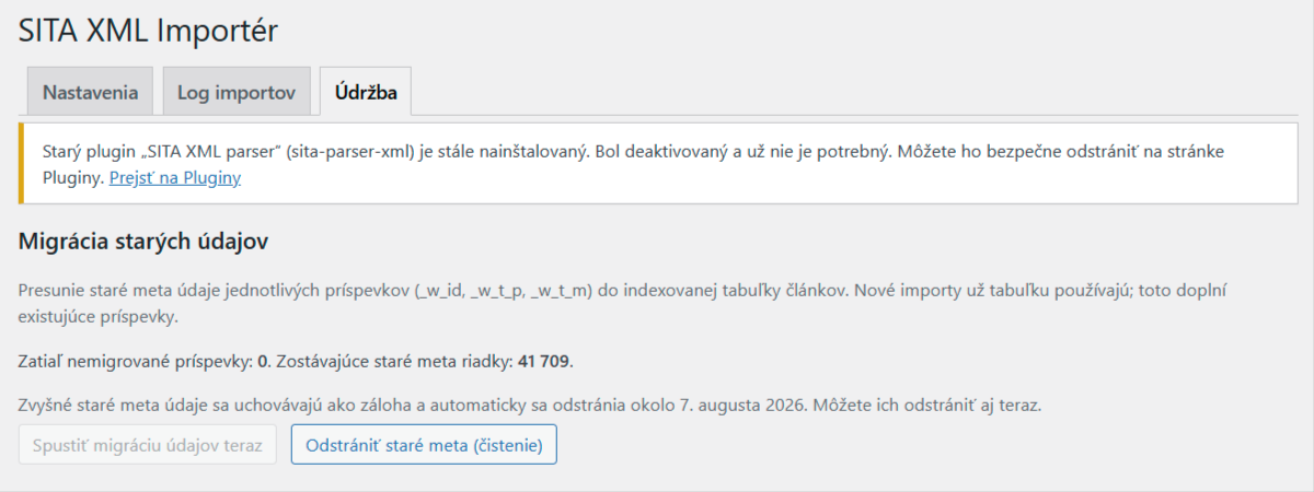 Údržba - migrácia zo starého pluginu sita-parser-xml a automatické čistenie starých údajov.