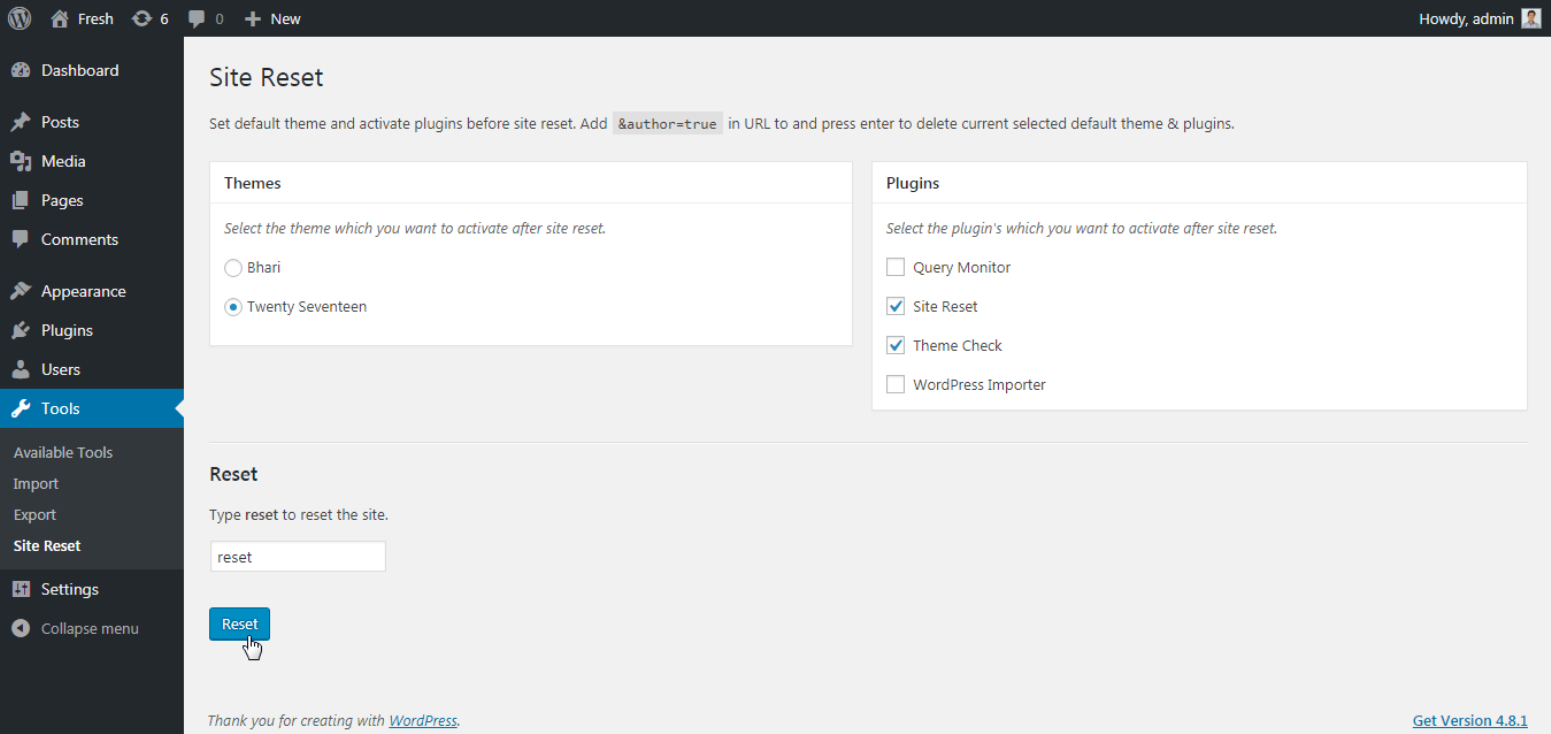 WordPress 外掛 Reset Complete Site 的封面圖片。