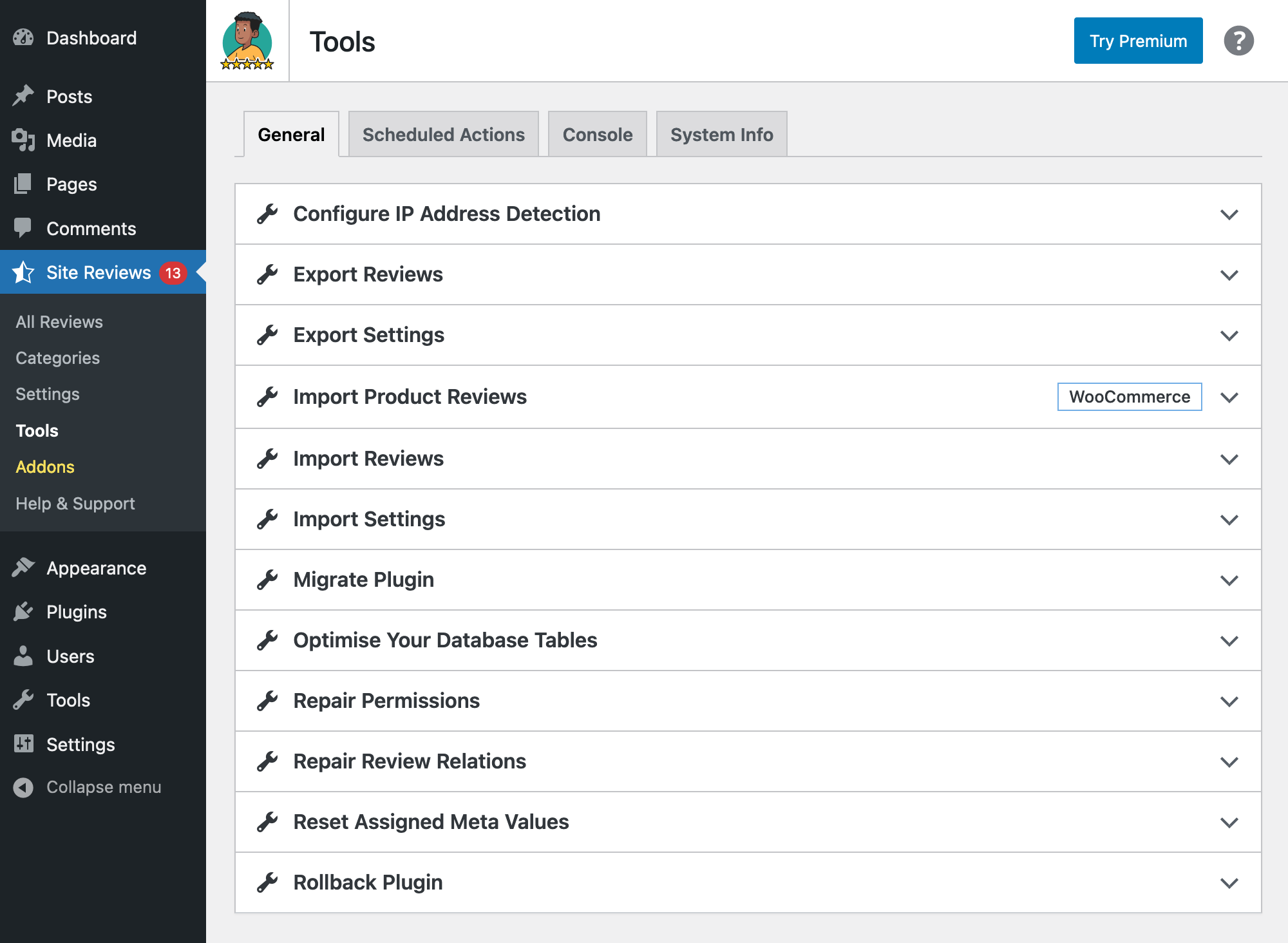 Import/export reviews, plugin settings, and perform various other tasks.